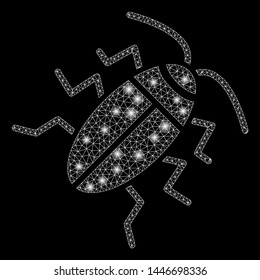 Bright mesh cucaracha with lightspot effect. Abstract illuminated model of cucaracha icon. Shiny wire carcass triangular mesh cucaracha abstraction in vector format on a black background.