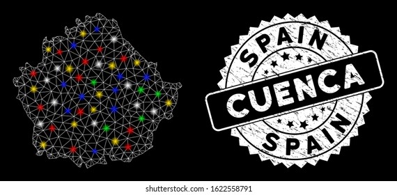 Bright mesh Cuenca Province map with glow effect, and seal stamp. Wire frame polygonal Cuenca Province map network in vector format on a black background. White round rubber stamp with grunge surface.