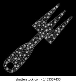 Bright mesh cultivator rake with glare effect. Abstract illuminated model of cultivator rake icon. Shiny wire frame polygonal mesh cultivator rake abstraction in vector format on a black background.