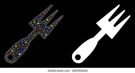 Bright mesh cultivator rake icon with glitter effect. Abstract illuminated model of cultivator rake. Shiny wire frame polygonal network cultivator rake icon. Vector abstraction on a black background.