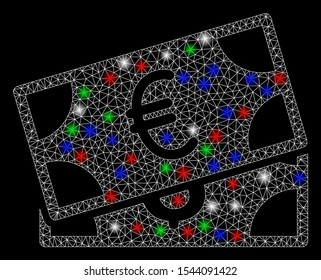 Bright mesh currency banknotes with glow effect. White wire frame polygonal mesh in vector format on a black background. Abstract 2d mesh designed with polygonal grid, spheric points,