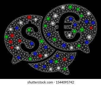 Bright mesh currency bids with glow effect. White wire carcass polygonal mesh in vector format on a black background. Abstract 2d mesh designed with triangles, round dots, colored light spots.
