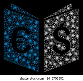Bright mesh currency book with glare effect. Abstract illuminated model of currency book icon. Shiny wire frame triangular network currency book abstraction in vector format on a black background.