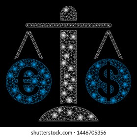 Bright mesh currency compare scales with glare effect. Abstract illuminated model of currency compare scales icon.