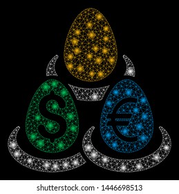 Bright mesh currency deposit diversification with glow effect. Abstract illuminated model of currency deposit diversification icon.