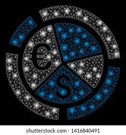 Bright mesh currency diagram with glare effect. Abstract illuminated model of currency diagram icon.