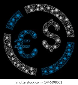 Bright mesh currency diagram with glare effect. Abstract illuminated model of currency diagram icon.