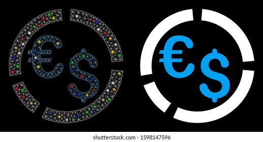 Bright mesh currency diagram icon with glitter effect. Abstract illuminated model of currency diagram. Shiny wire carcass triangular mesh currency diagram icon.