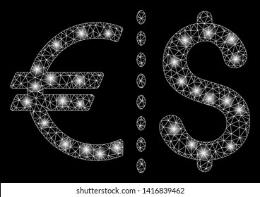 Bright mesh currency with glare effect. Abstract illuminated model of currency icon. Shiny wire frame polygonal mesh currency abstraction in vector format on a black background.