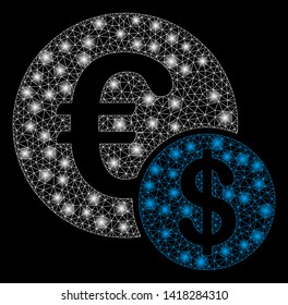 Bright mesh currency with lightspot effect. Abstract illuminated model of currency icon. Shiny wire carcass triangular network currency abstraction in vector format on a black background.