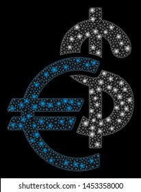 Bright mesh currency with lightspot effect. Abstract illuminated model of currency icon. Shiny wire carcass polygonal mesh currency abstraction in vector format on a black background.