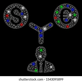 Bright mesh currency manager with lightspot effect. White wire frame polygonal mesh in vector format on a black background. Abstract 2d mesh designed with polygonal grid, small circle,