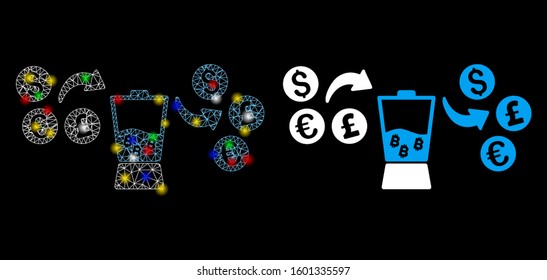 Bright mesh currency mixer icon with lightspot effect. Abstract illuminated model of currency mixer. Shiny wire frame triangular mesh currency mixer icon. Vector abstraction on a black background.