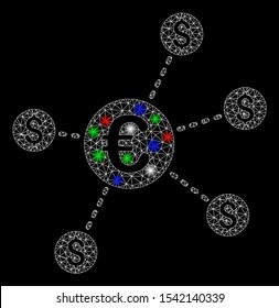 Bright mesh currency network nodes with glare effect. White wire carcass triangular mesh in vector format on a black background. Abstract 2d mesh designed with triangular lines, points,
