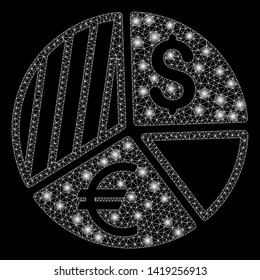 Bright mesh currency pie chart with lightspot effect. Abstract illuminated model of currency pie chart icon.