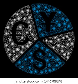 Bright mesh currency pie chart with glare effect. Abstract illuminated model of currency pie chart icon.