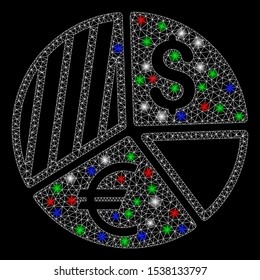 Bright mesh currency pie chart with glare effect. White wire frame triangular mesh in vector format on a black background. Abstract 2d mesh designed with polygonal grid, small circle,