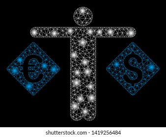 Bright mesh currency trader with lightspot effect. Abstract illuminated model of currency trader icon.