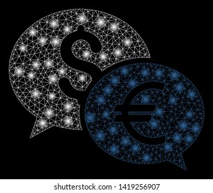 Bright mesh currency transfer chat with glare effect. Abstract illuminated model of currency transfer chat icon.