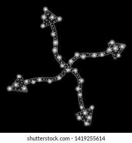 Bright mesh curve arrows with glare effect. Abstract illuminated model of curve arrows icon. Shiny wire carcass polygonal mesh curve arrows abstraction in vector format on a black background.