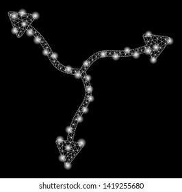 Bright mesh curve arrows with lightspot effect. Abstract illuminated model of curve arrows icon. Shiny wire frame polygonal network curve arrows abstraction in vector format on a black background.