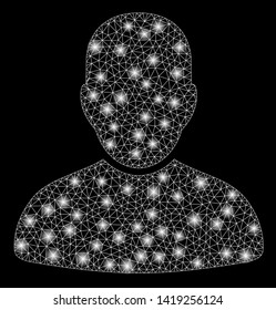 Bright mesh customer with glare effect. Abstract illuminated model of customer icon. Shiny wire frame triangular mesh customer abstraction in vector format on a black background.