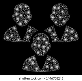 Bright mesh customer group with glow effect. Abstract illuminated model of customer group icon. Shiny wire carcass polygonal mesh customer group abstraction in vector format on a black background.
