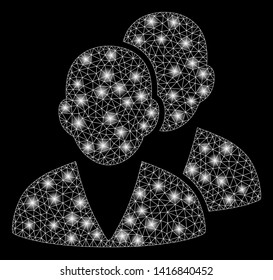 Bright mesh customers with glare effect. Abstract illuminated model of customers icon. Shiny wire frame triangular mesh customers abstraction in vector format on a black background.