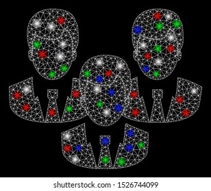 Bright mesh customers with glare effect. White wire frame triangular mesh in vector format on a black background. Abstract 2d mesh created from triangular lines, dots, colored flash spots.