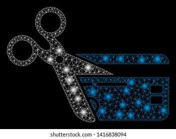 Bright mesh cut credit card with glare effect. Abstract illuminated model of cut credit card icon.