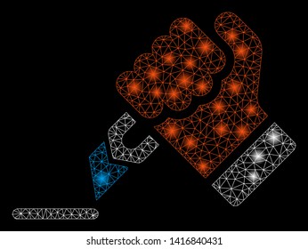 Bright mesh cutting hand with glare effect. Abstract illuminated model of cutting hand icon. Shiny wire frame polygonal mesh cutting hand abstraction in vector format on a black background.
