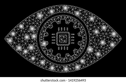 Bright mesh cyber eye lens with glare effect. Abstract illuminated model of cyber eye lens icon. Shiny wire carcass polygonal mesh cyber eye lens abstraction in vector format on a black background.