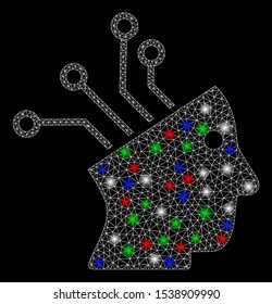 Bright mesh cyborg brain circuit with glare effect. White wire carcass polygonal network in vector format on a black background. Abstract 2d mesh designed with triangular lines, spheric points,
