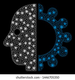 Bright mesh cyborg head with glare effect. Abstract illuminated model of cyborg head icon. Shiny wire carcass triangular mesh cyborg head abstraction in vector format on a black background.