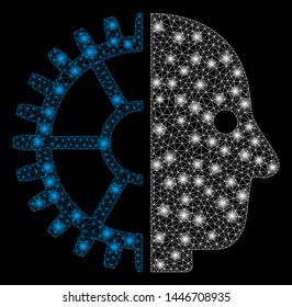 Bright mesh cyborg head with glare effect. Abstract illuminated model of cyborg head icon. Shiny wire frame triangular mesh cyborg head abstraction in vector format on a black background.