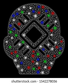 Bright mesh cyborg head with glare effect. White wire frame triangular mesh in vector format on a black background. Abstract 2d mesh designed with triangular lines, round dots, colorful light spots.