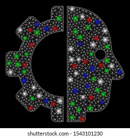 Bright mesh cyborg head with glare effect. White wire frame polygonal mesh in vector format on a black background. Abstract 2d mesh created from polygonal grid, dots, colored flare spots.