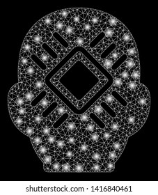 Bright mesh cyborg head with glow effect. Abstract illuminated model of cyborg head icon. Shiny wire carcass polygonal mesh cyborg head abstraction in vector format on a black background.