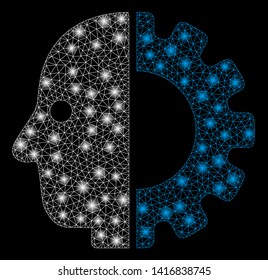 Bright mesh cyborg head with lightspot effect. Abstract illuminated model of cyborg head icon. Shiny wire carcass triangular mesh cyborg head abstraction in vector format on a black background.