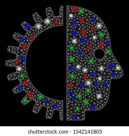 Bright mesh cyborg head with lightspot effect. White wire frame triangular mesh in vector format on a black background. Abstract 2d mesh built from triangular lines, small circle,