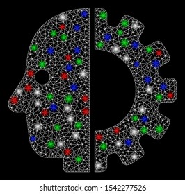 Bright mesh cyborg head with lightspot effect. White wire frame triangular mesh in vector format on a black background. Abstract 2d mesh created from triangles, round dots, colored glare spots.