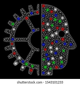 Bright mesh cyborg head with lightspot effect. White wire carcass polygonal network in vector format on a black background. Abstract 2d mesh designed with polygonal grid, spheric points,