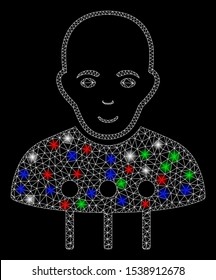 Bright mesh cyborg interface with lightspot effect. White wire frame triangular mesh in vector format on a black background. Abstract 2d mesh built from triangular lines, dots, colored flare spots.