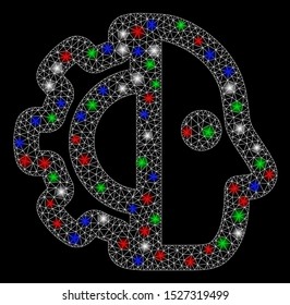 Bright mesh cyborg with lightspot effect. White wire carcass polygonal mesh in vector format on a black background. Abstract 2d mesh designed with polygonal grid, spheric points, colored light spots.