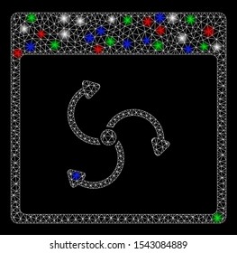 Bright mesh cyclone calendar page with glow effect. White wire carcass polygonal network in vector format on a black background. Abstract 2d mesh designed with polygonal grid, points,