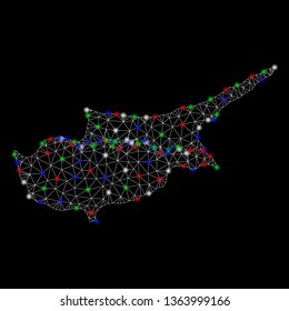 Bright mesh Cyprus countries map with glow effect. Wire frame polygonal mesh in vector format on a black background. Abstract 2d mesh built from polygonal grid, points, colorful glare spots.