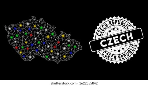 Bright mesh Czech map with glare effect, and seal stamp. Wire carcass polygonal Czech map mesh in vector format on a black background. White round stamp imprint with grunged textures.