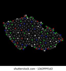 Bright mesh Czech map with lightspot effect. Wire frame triangular mesh in vector format on a black background. Abstract 2d mesh designed with polygonal grid, round dots, colorful glare spots.