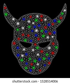 Bright mesh daemon head with glare effect. White wire frame polygonal mesh in vector format on a black background. Abstract 2d mesh designed with polygonal grid, round dots, colored flash spots.