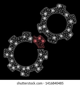 Bright mesh damaged gears with lightspot effect. Abstract illuminated model of damaged gears icon. Shiny wire carcass triangular mesh damaged gears abstraction in vector format on a black background.